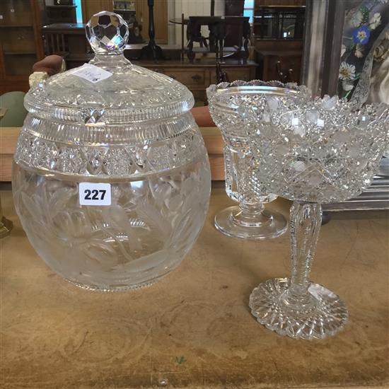 Large etched & cut glass lidded punch jar, pedestal dish & vase